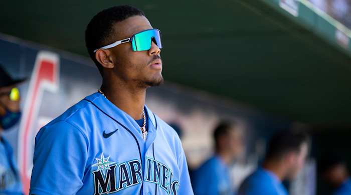 Seattle Mariners outfielder Julio Rodriguez against the Cincinnati Reds during a spring training game at Goodyear Ballpark.